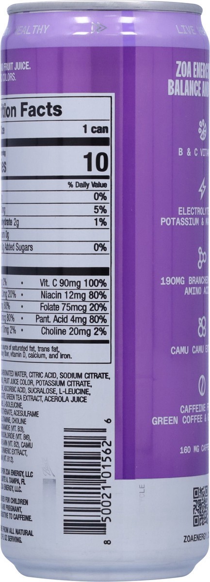 slide 6 of 14, ZOA Zero Sugar Frosted Grape Energy Drink 12 fl oz, 12 fl oz