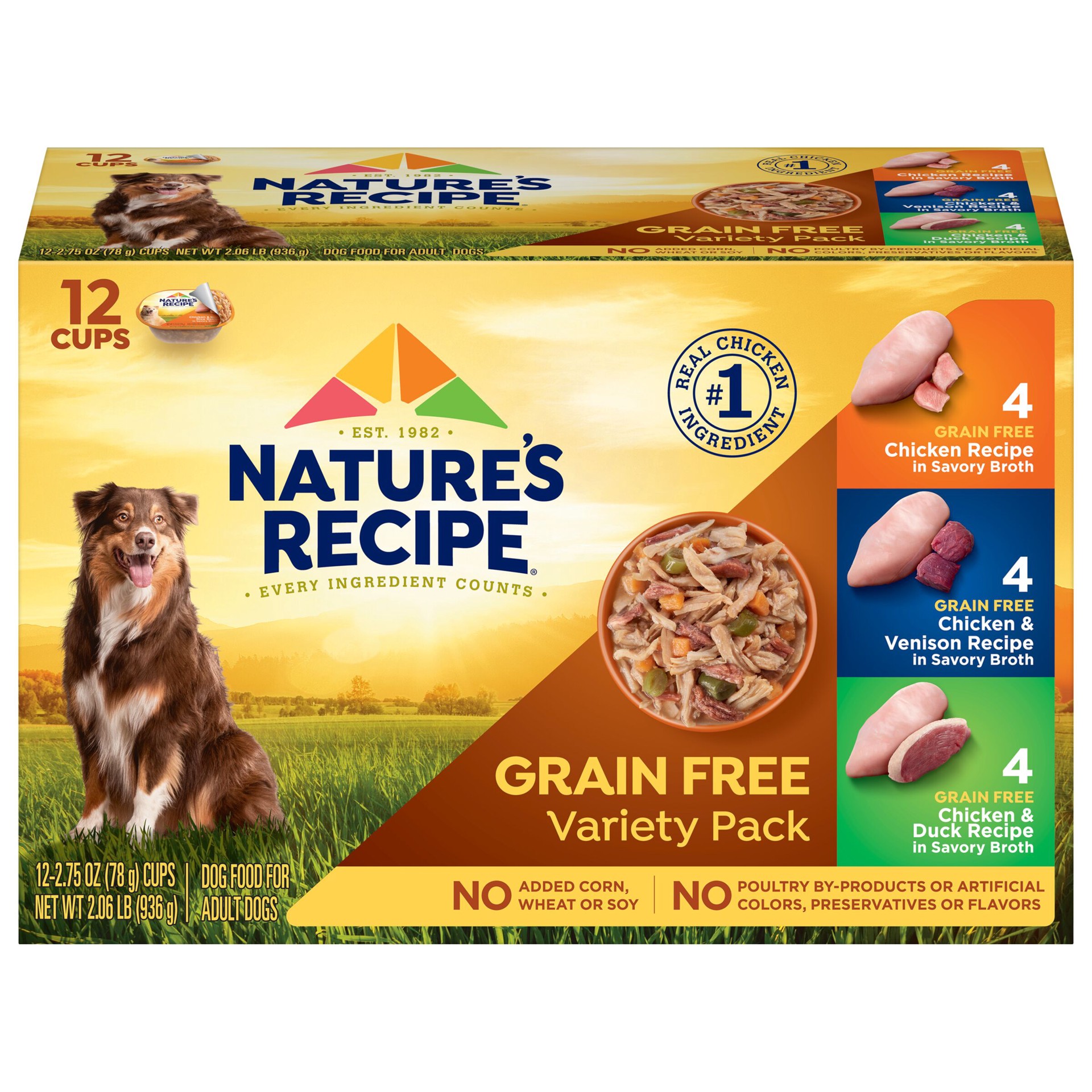 slide 1 of 9, Nature's Recipe Nature''s Recipe Grain Free Chicken Recipe, Chicken & Venison Recipe and Chicken & Duck Recipe in Savory Broth Variety Pack Wet Dog Food, 2.75 oz. Cup, 12 Count, 12 ct; 2.75 oz