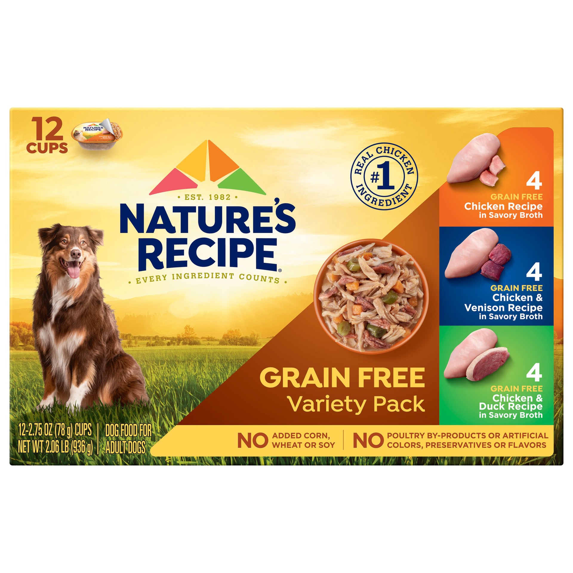 slide 1 of 9, Nature's Recipe Nature''s Recipe Grain Free Chicken Recipe, Chicken & Venison Recipe and Chicken & Duck Recipe in Savory Broth Variety Pack Wet Dog Food, 2.75 oz. Cup, 12 Count, 12 ct; 2.75 oz