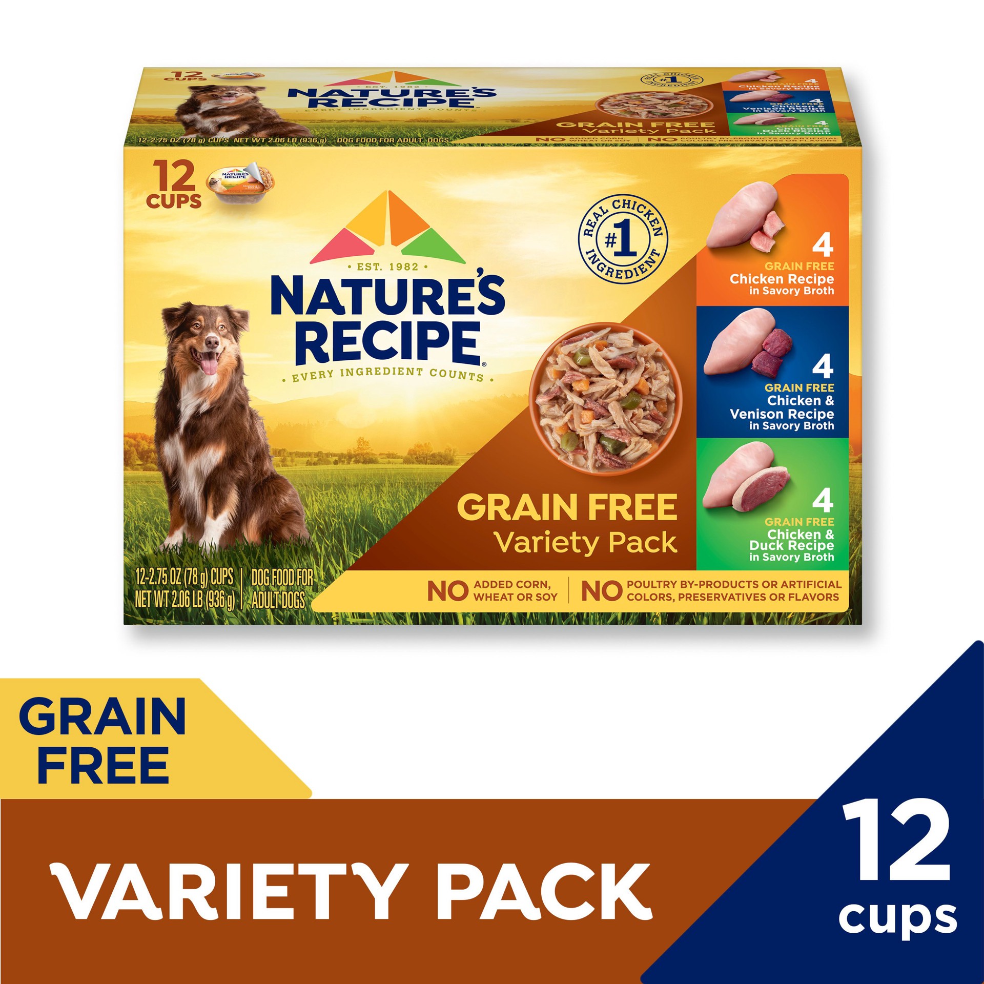 slide 4 of 9, Nature's Recipe Nature''s Recipe Grain Free Chicken Recipe, Chicken & Venison Recipe and Chicken & Duck Recipe in Savory Broth Variety Pack Wet Dog Food, 2.75 oz. Cup, 12 Count, 12 ct; 2.75 oz