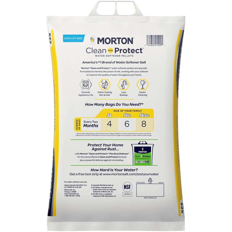 slide 4 of 4, Morton Clean and Protect Water Softener Salt is formulated to prevent buildup in pipes and appliances, helping to extend their life and improve efficiency*. Plus, we''ve created this lighter weight 25 lb. bag that features a sturdy plastic handle and easy-tear opening. For the many households that have hard water, it is a solution for softer water that provides many added benefits. When used, Morton Water Softener Salt Pellets help not only to decrease the buildup hard water can cause in pipes and appliances and make dishes easier to clean, but also leaves hair and skin feeling softer after washing and bathing. To continue to see the benefits of Morton Water Softener Salt Pellets, it is recommended that every two months you add between two and four new bags to your tank, depending on the number of people in your household., 25 lb