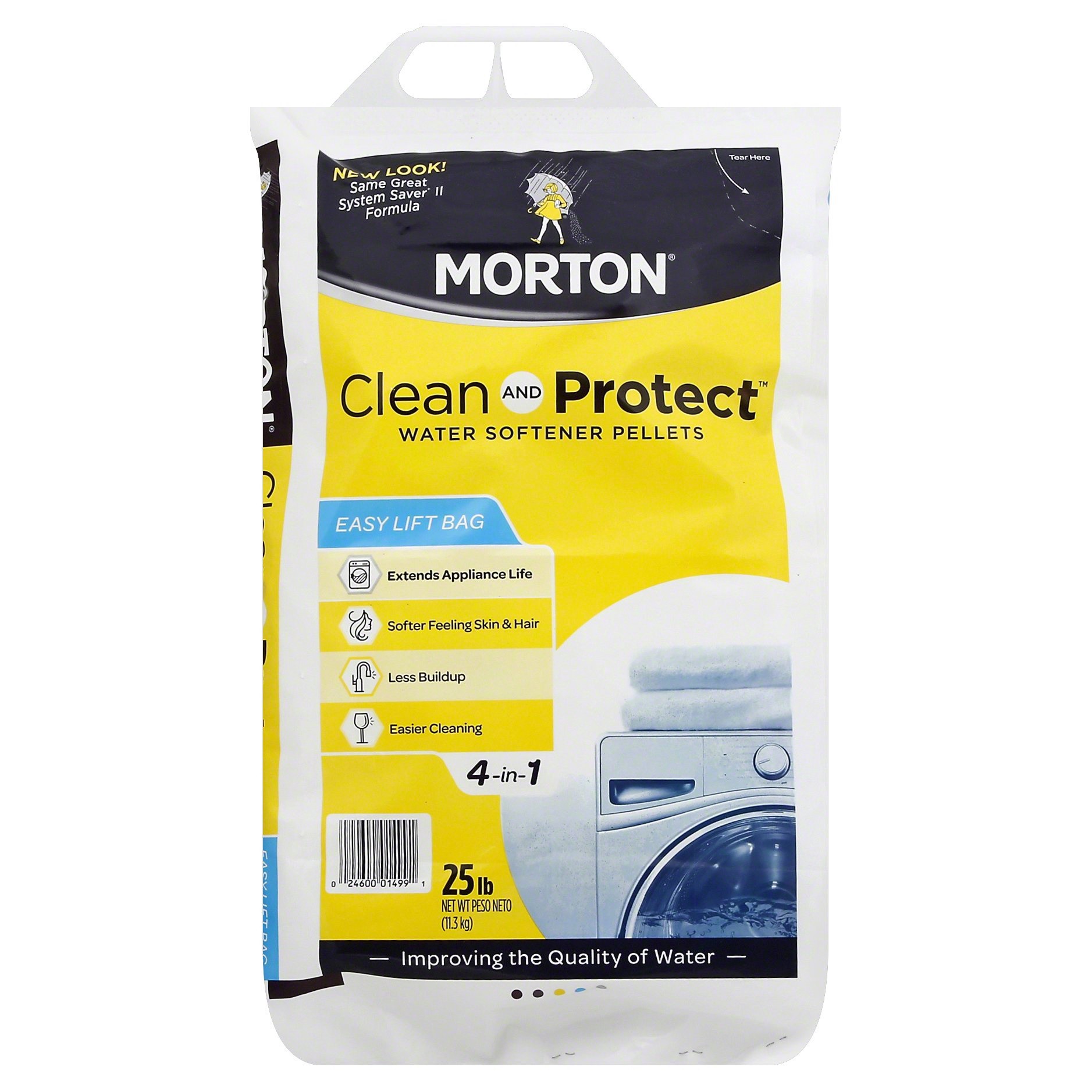 slide 1 of 4, Morton Clean and Protect Water Softener Salt is formulated to prevent buildup in pipes and appliances, helping to extend their life and improve efficiency*. Plus, we''ve created this lighter weight 25 lb. bag that features a sturdy plastic handle and easy-tear opening. For the many households that have hard water, it is a solution for softer water that provides many added benefits. When used, Morton Water Softener Salt Pellets help not only to decrease the buildup hard water can cause in pipes and appliances and make dishes easier to clean, but also leaves hair and skin feeling softer after washing and bathing. To continue to see the benefits of Morton Water Softener Salt Pellets, it is recommended that every two months you add between two and four new bags to your tank, depending on the number of people in your household., 25 lb