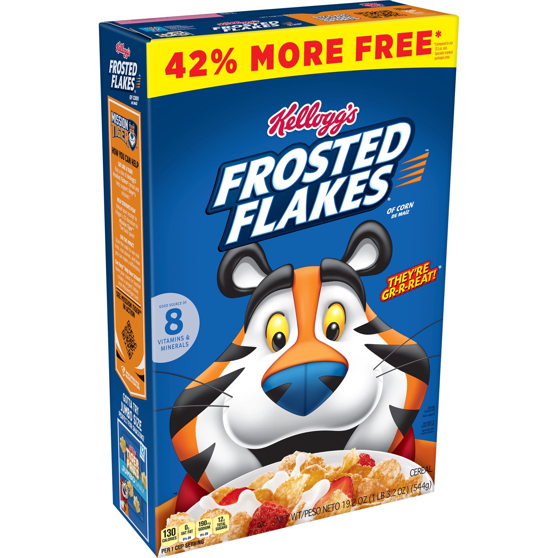 slide 1 of 8, Frosted Flakes Kellogg's Frosted Flakes Breakfast Cereal, 8 Vitamins and Minerals, Kids Snacks, Original, 19.2oz Box, 1 Box, 19.2 oz