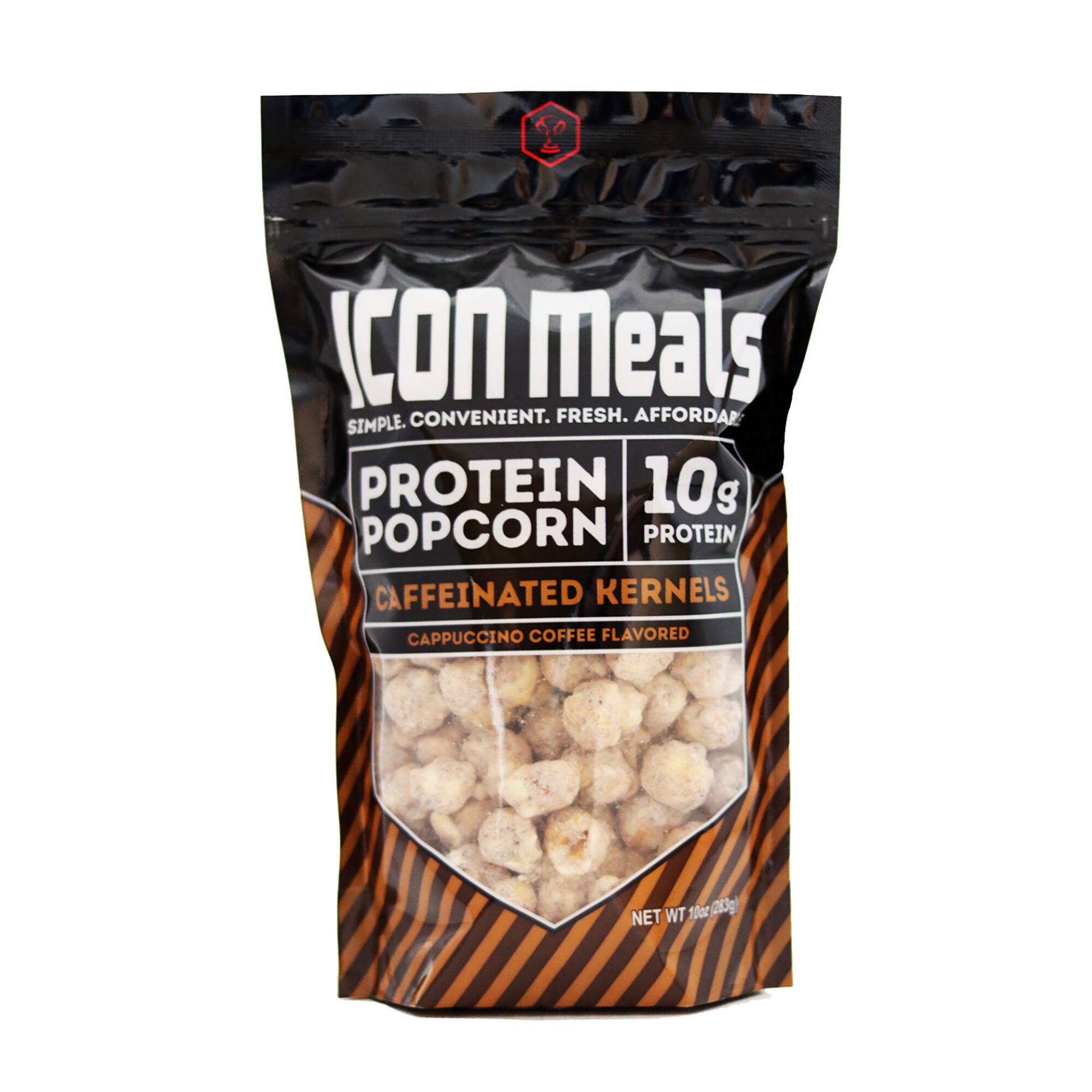 slide 1 of 1, ICON Meals Protein Popcorn Caffeinated Kernels - Cappuccino Coffee, 10 oz