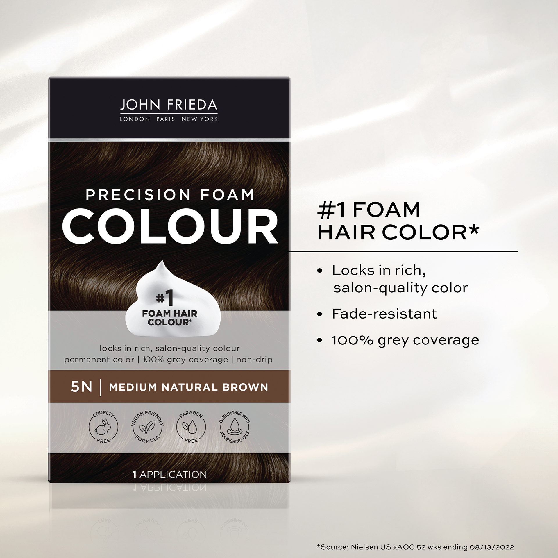 slide 5 of 5, John Frieda Brown Permanent Precision Hair color, Foam Hair Kit, Brown Hair Dye, 5N Medium Natural Brown Hair Color, 1 Application, 1 ct