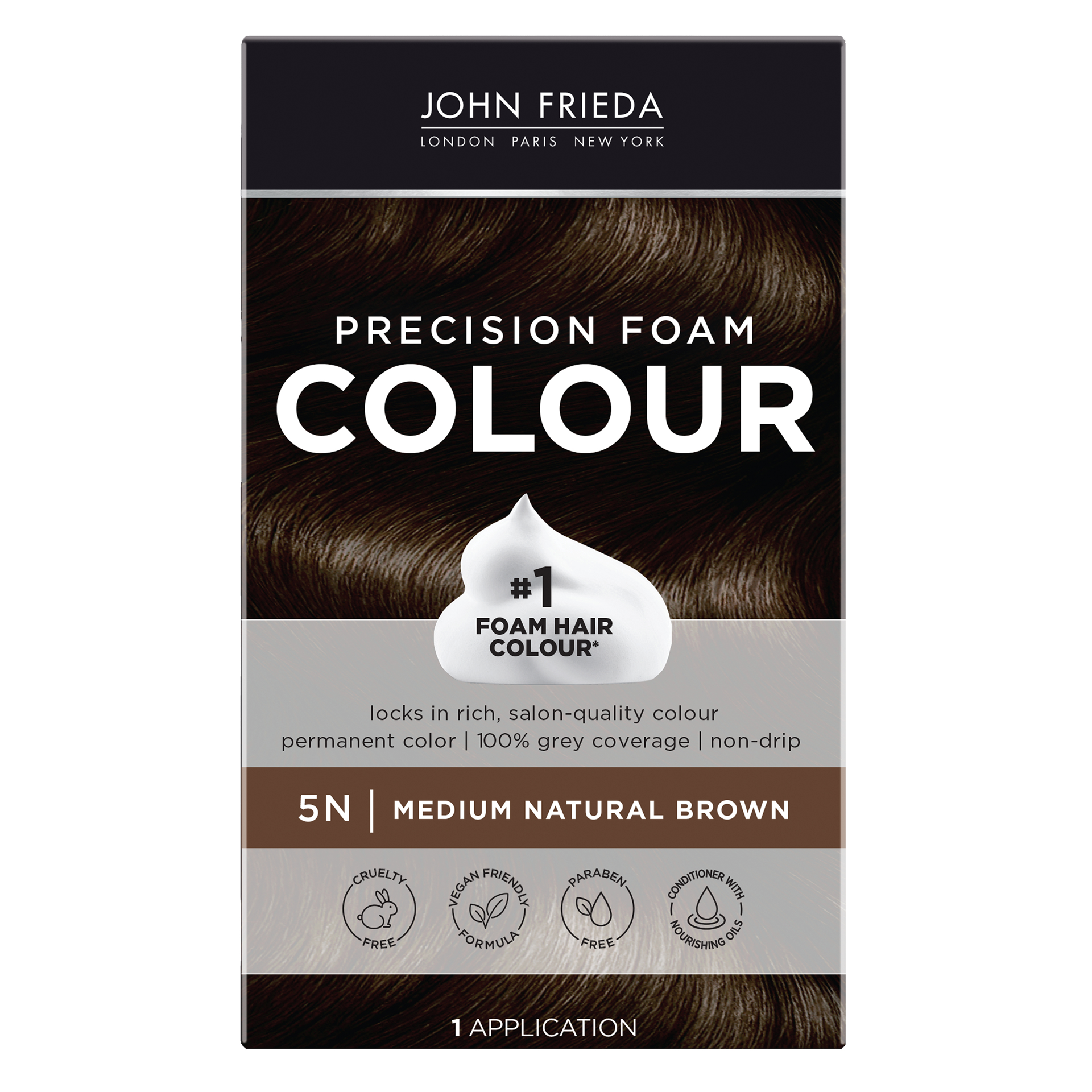 slide 1 of 5, John Frieda Brown Permanent Precision Hair color, Foam Hair Kit, Brown Hair Dye, 5N Medium Natural Brown Hair Color, 1 Application, 1 ct