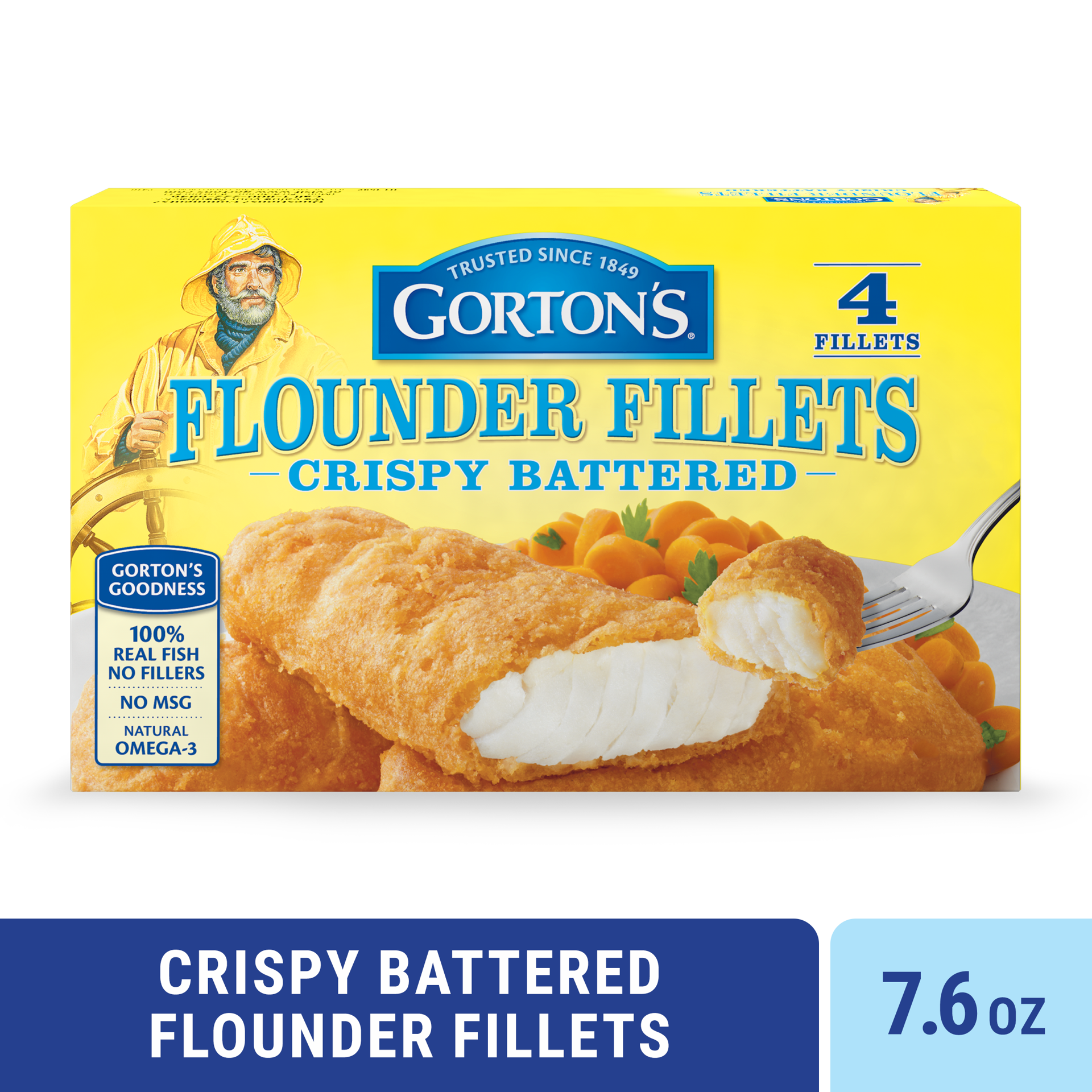 slide 1 of 11, Gorton's Gorton''s Crispy Battered Fish Fillets, Wild Caught Flounder, Frozen, 4 Count, 7.6 Ounce Package, 4 ct