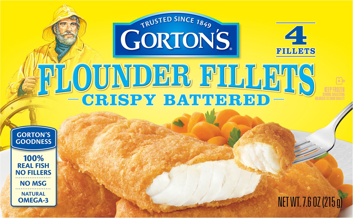 slide 2 of 11, Gorton's Gorton''s Crispy Battered Fish Fillets, Wild Caught Flounder, Frozen, 4 Count, 7.6 Ounce Package, 4 ct