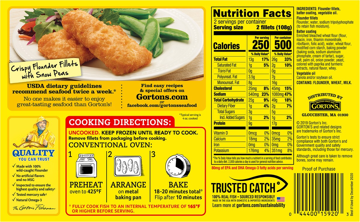 slide 6 of 11, Gorton's Gorton''s Crispy Battered Fish Fillets, Wild Caught Flounder, Frozen, 4 Count, 7.6 Ounce Package, 4 ct