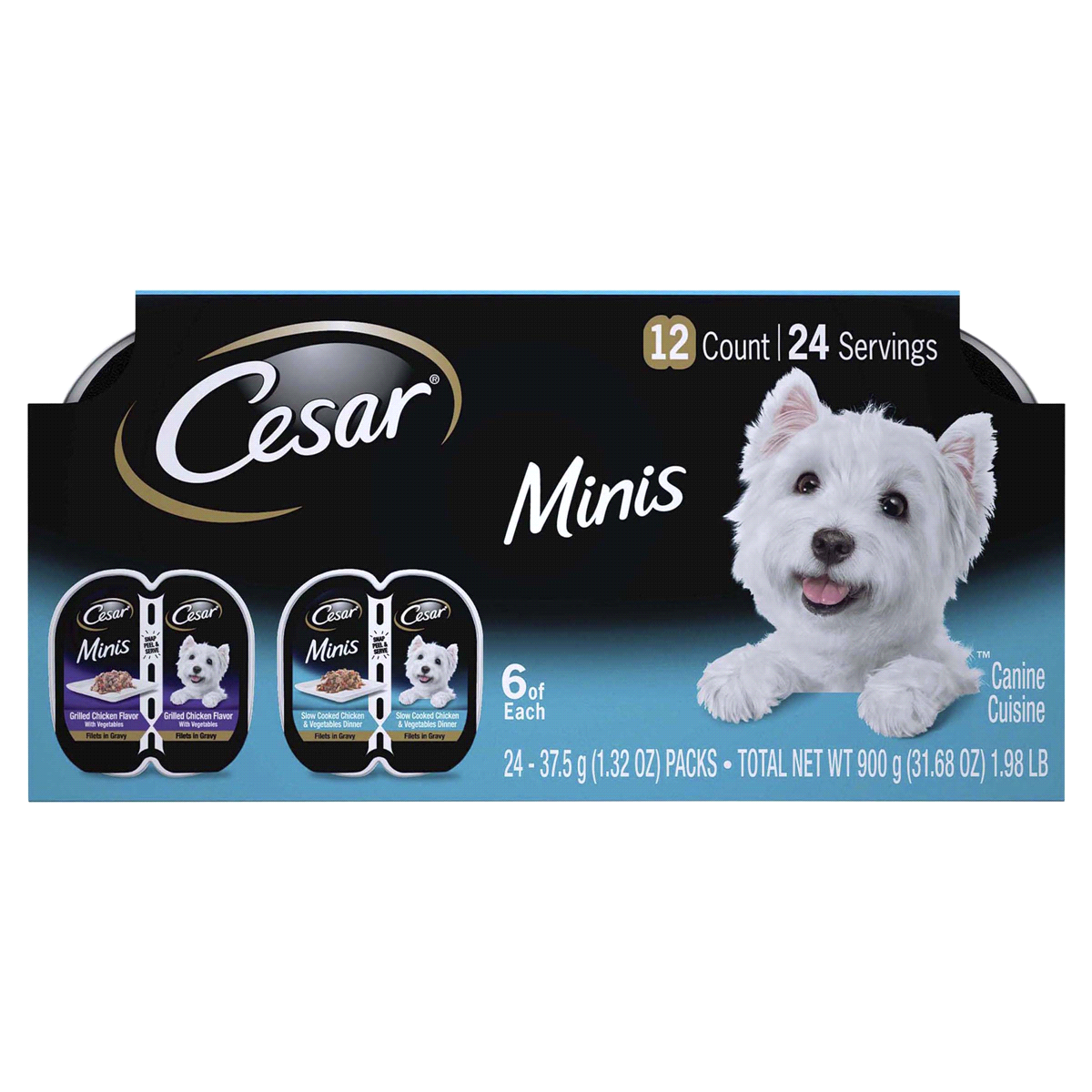 slide 1 of 1, CESAR Minis Soft Wet Dog Food Filets in Gravy Variety Pack, Grilled Chicken Flavor With Vegetables and Slow Cooked Chicken & Vegetables Dinner, (12) Easy Peel Twin Pack Trays, 2.64 oz