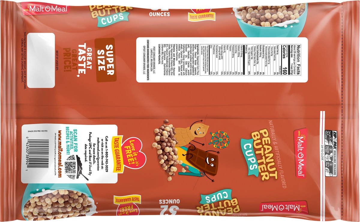 slide 3 of 7, Malt-O-Meal Super Size Peanut Butter Cups Cereal 32 oz, 32 oz