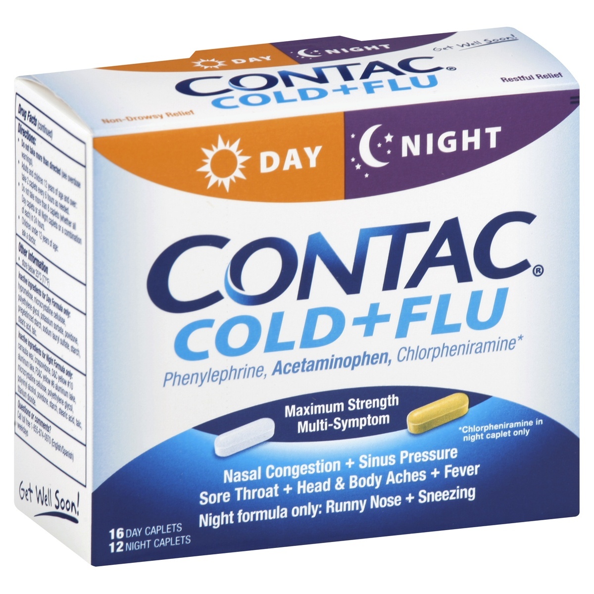 slide 1 of 1, Contac Cold + Flu Day/Night Caplets, 28 ct