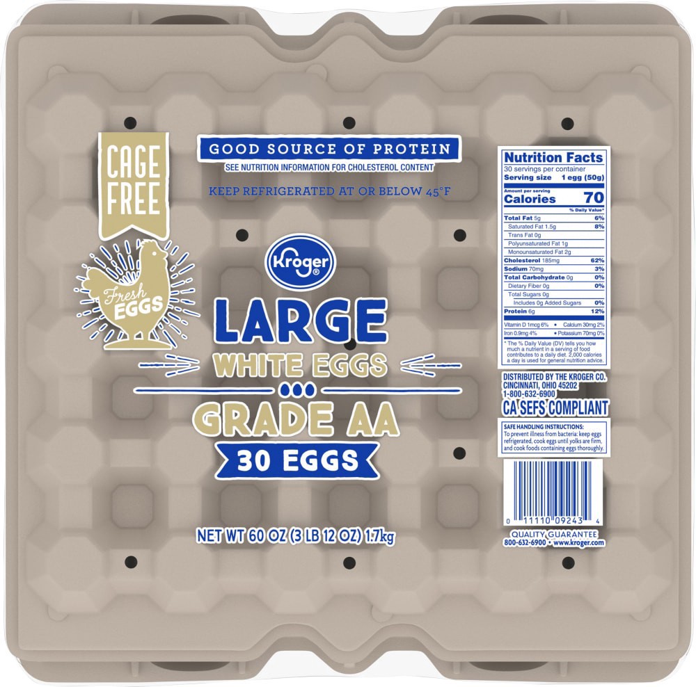 slide 2 of 3, Kroger Cage Free Large White Eggs, 30 ct