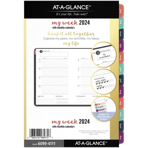 slide 1 of 8, At-A-Glance Harmony Weekly/Monthly Loose-Leaf Planner Refill, 5-1/2" X 8-1/2", January To December 2024, 6099-4111, 1 ct