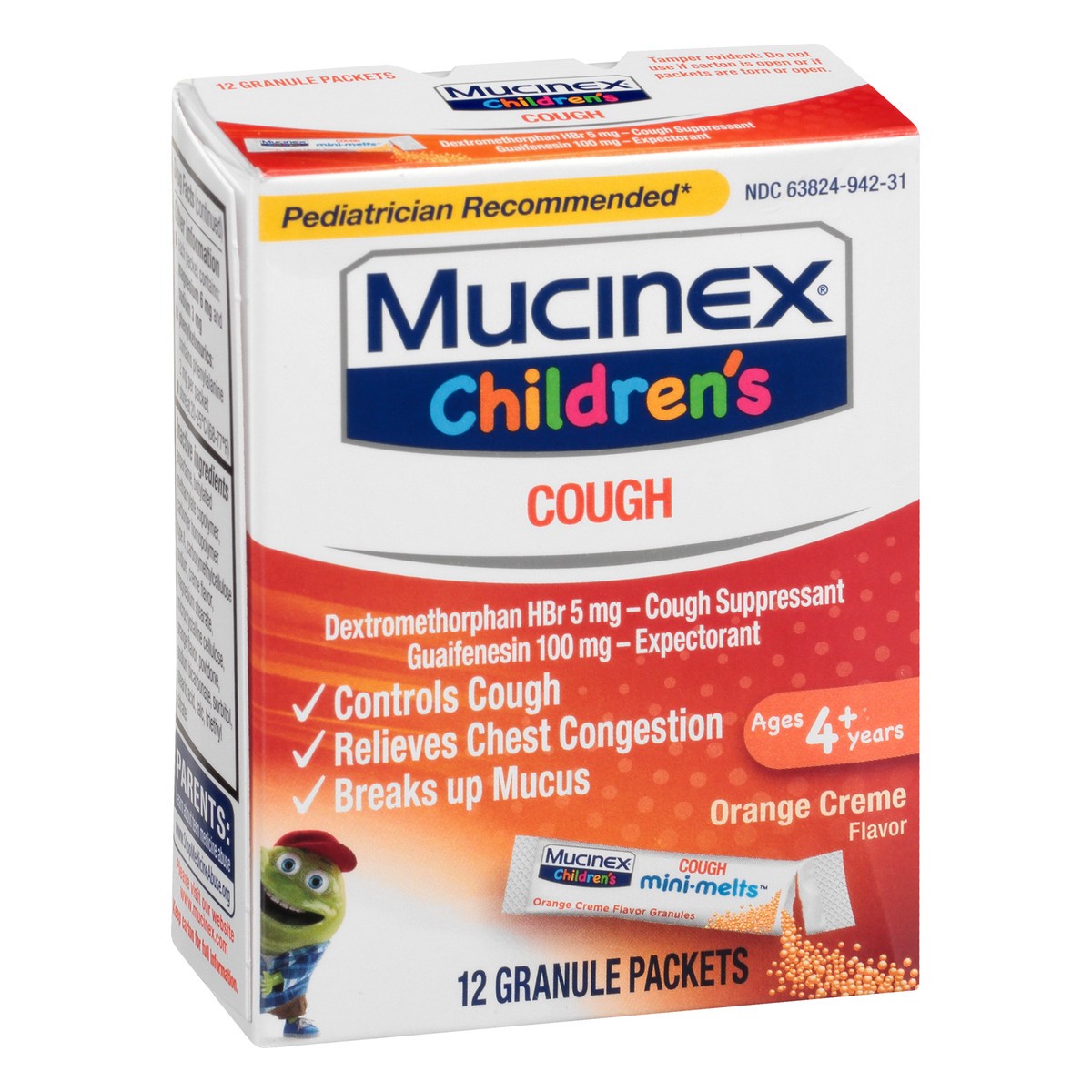 slide 2 of 9, Mucinex Children's Chest Congestion Expectorant and Cough Suppressant Mini-Melts, Orange Cream, 12 Count (Packaging May Vary), 12 ct