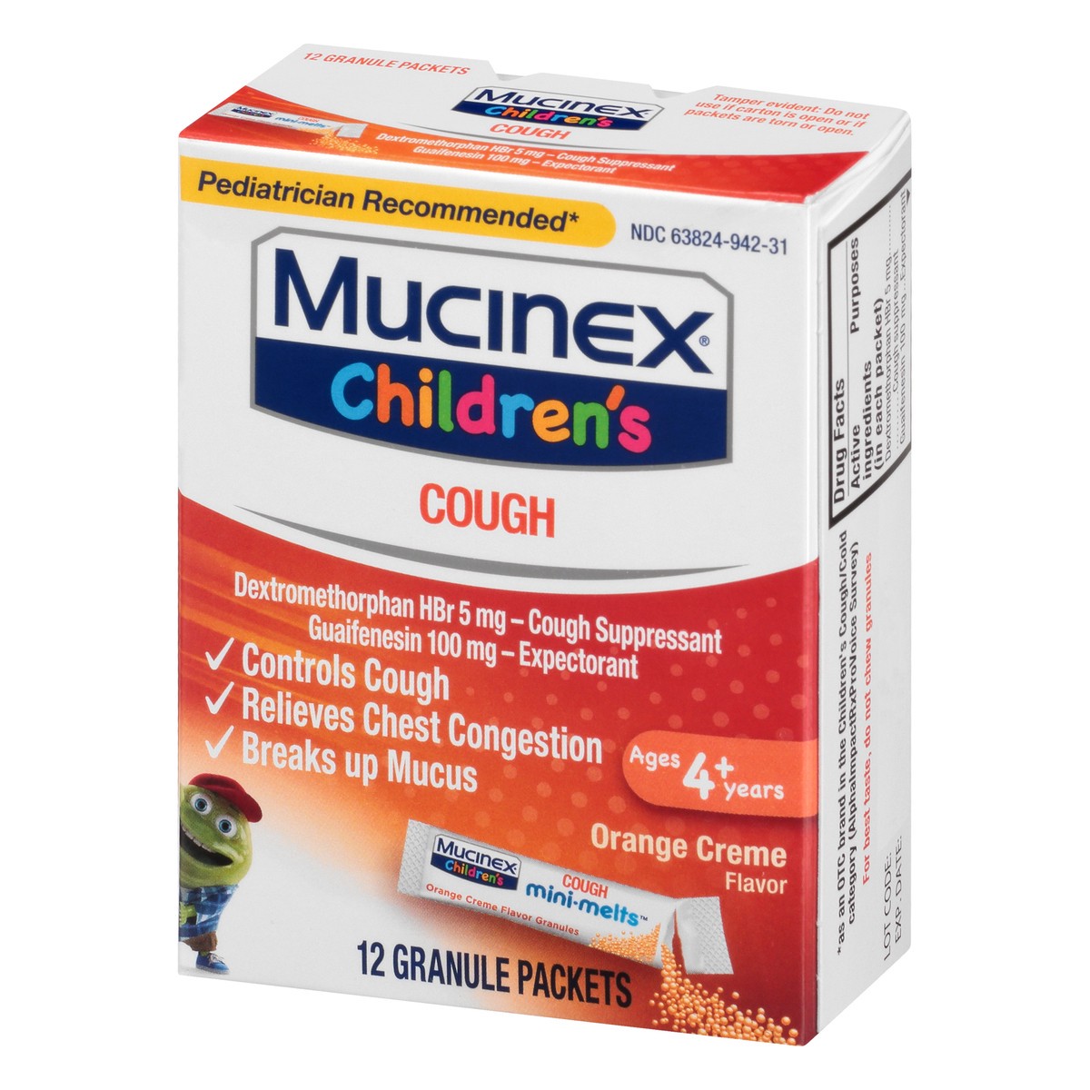 slide 3 of 9, Mucinex Children's Chest Congestion Expectorant and Cough Suppressant Mini-Melts, Orange Cream, 12 Count (Packaging May Vary), 12 ct