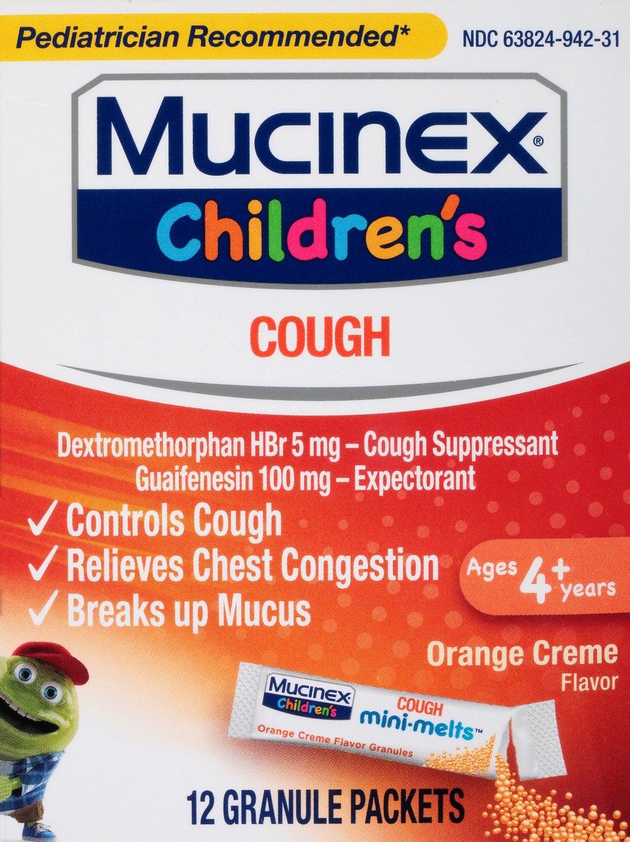 slide 6 of 9, Mucinex Children's Chest Congestion Expectorant and Cough Suppressant Mini-Melts, Orange Cream, 12 Count (Packaging May Vary), 12 ct