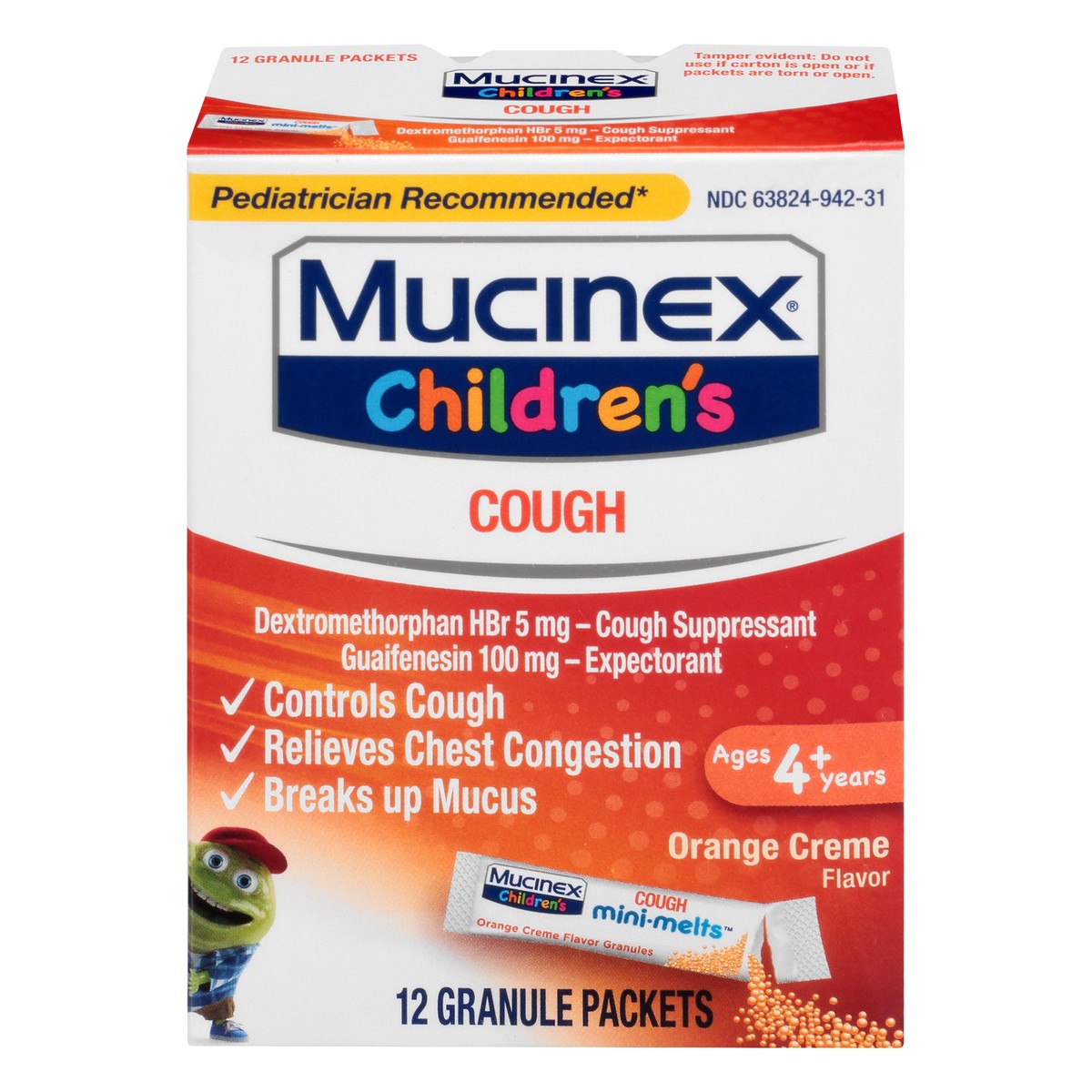 slide 1 of 9, Mucinex Children's Chest Congestion Expectorant and Cough Suppressant Mini-Melts, Orange Cream, 12 Count (Packaging May Vary), 12 ct