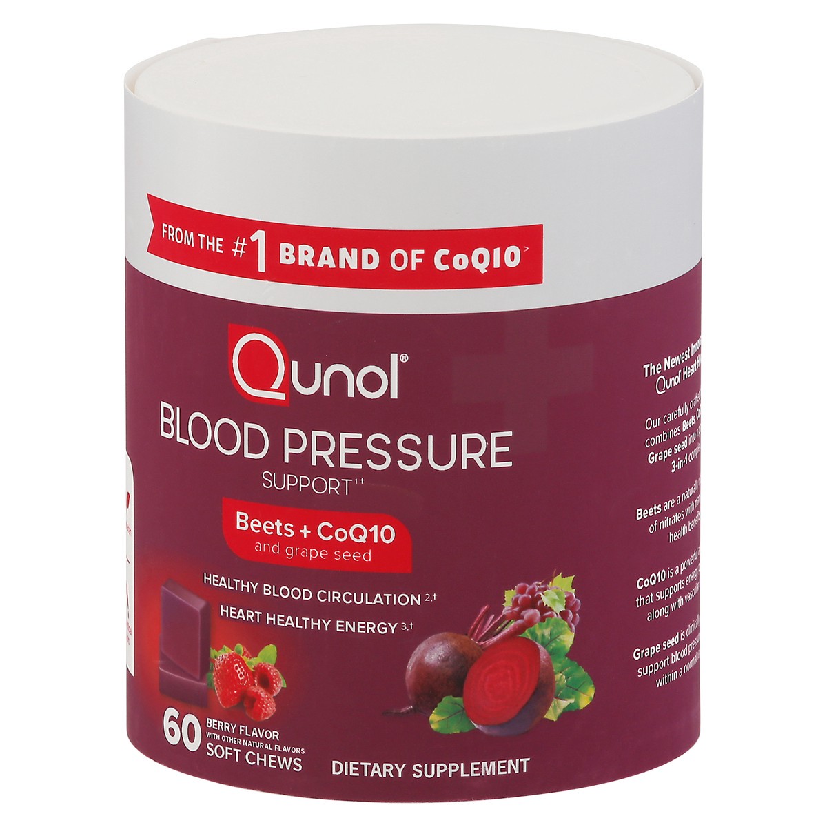 slide 5 of 9, Qunol Blood Pressure Berry Flavor Beets + CoQ10 60 Soft Chews, 60 ct