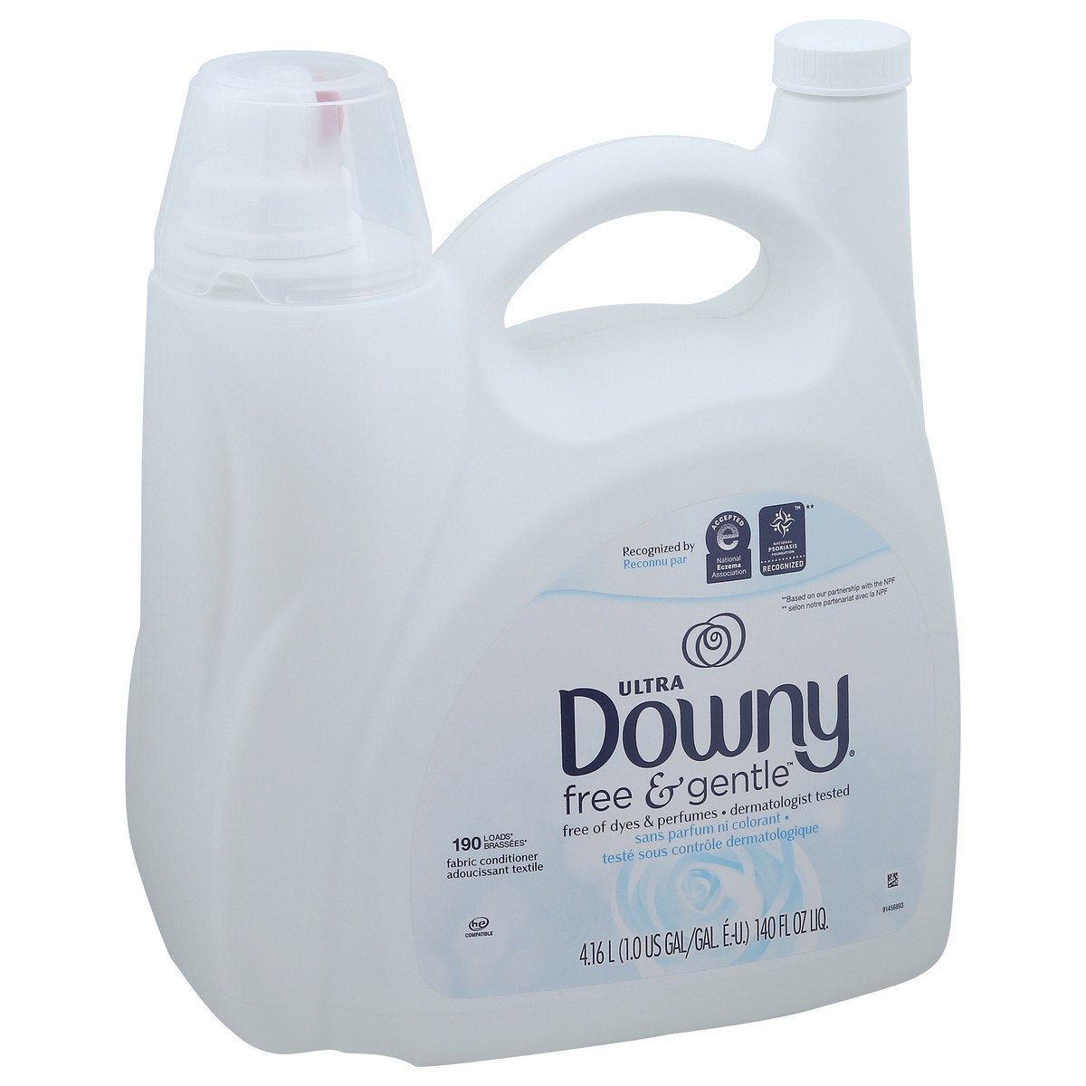 slide 11 of 12, Downy Free & Gentle Liquid Fabric Softener, 140 fl oz, 190 Loads, Hypoallergenic, Sensitive Skin Friendly Fabric Conditioner Liquid, 1 gal
