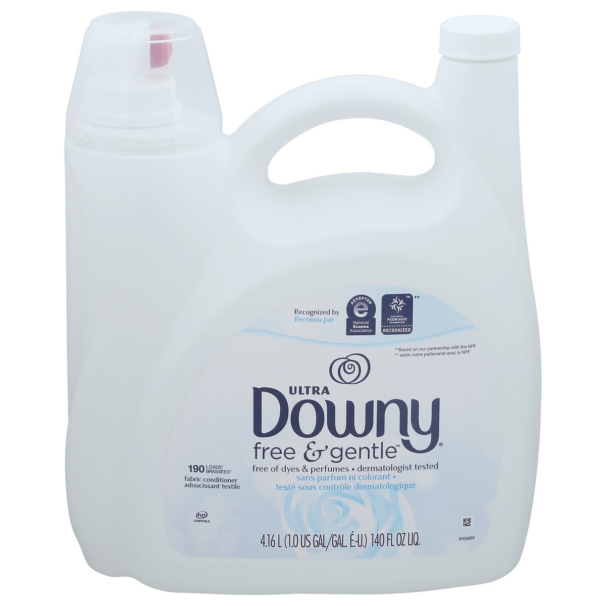 slide 7 of 12, Downy Free & Gentle Liquid Fabric Softener, 140 fl oz, 190 Loads, Hypoallergenic, Sensitive Skin Friendly Fabric Conditioner Liquid, 1 gal