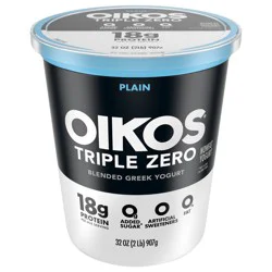 Oikos Triple Zero Plain Greek Nonfat Yogurt Tub, 0% Fat, 0g Added Sugar and 0 Artificial Sweeteners, Just Delicious High Protein Yogurt, 32 OZ