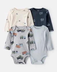 Carter's Carters Baby Boy 4-Pack Construction Print Long-Sleeve Multipack Bodysuits - White/Navy Blue Multi 6M