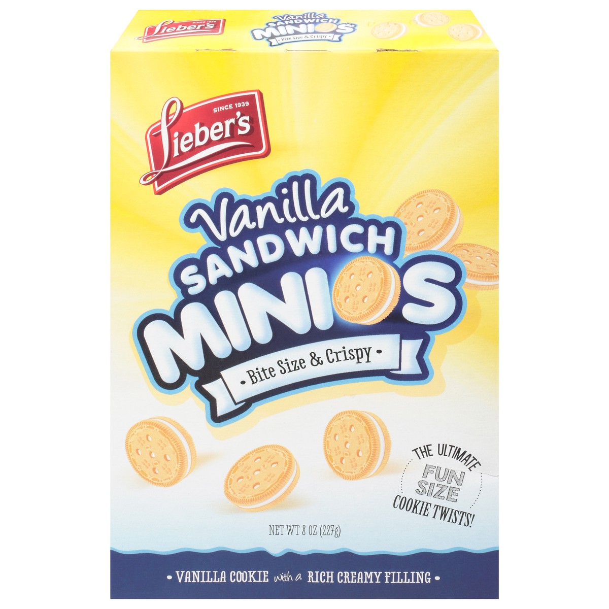 slide 1 of 9, Lieber's Minios Vanilla Sandwich Cookies 8 oz, 8 oz