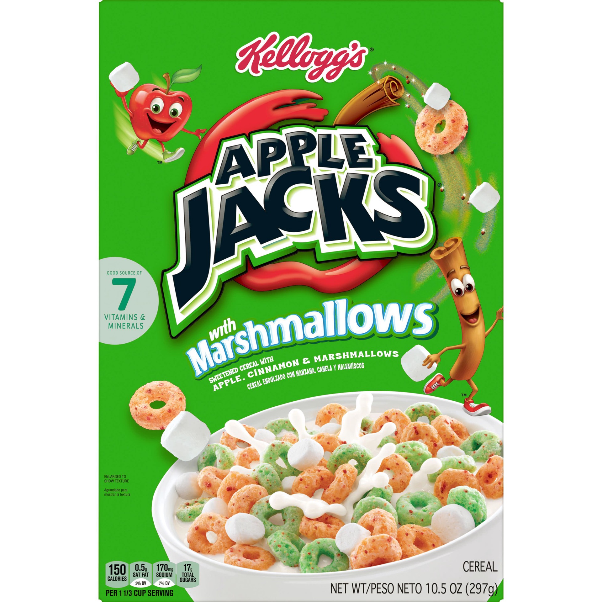 slide 2 of 5, Apple Jacks Kellogg's Apple Jacks Breakfast Cereal, 7 Vitamins and Minerals, Kids Snacks, Original with Marshmallows, 10.5oz Box, 10.5 oz