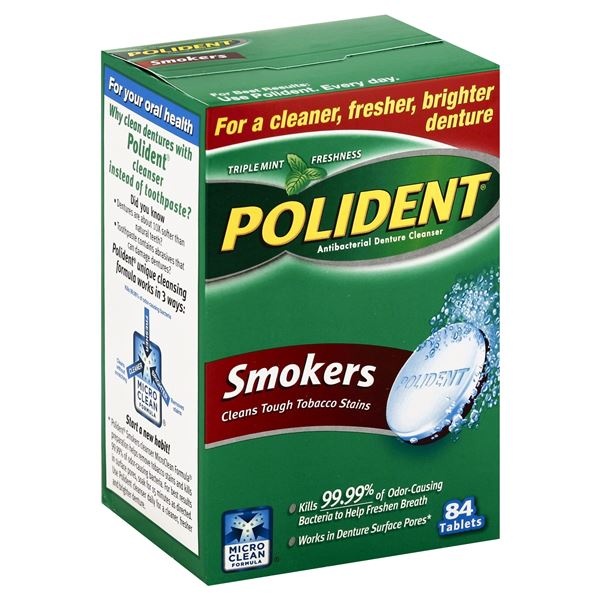 slide 1 of 1, Polident Smokers Antibacterial Denture Cleanser Tablets in Triple Mint Freshness, 84 ct