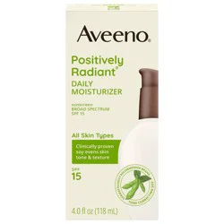 Aveeno Positively Radiant Daily Facial Moisturizer with Broad Spectrum SPF 15 Sunscreen & Soy, Improves the Look of Skin Tone & Texture, Hypoallergenic, Oil-Free, Non-Comedogenic, 4 fl. oz