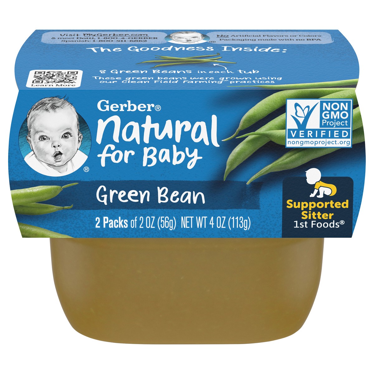 slide 1 of 5, Gerber 1st Foods Natural for Baby Green Bean Baby Food, 2-2 oz. Tubs, 4 oz