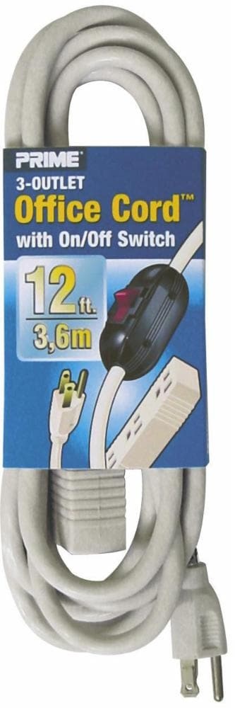 slide 1 of 1, Prime Wire & Cable 3-Outlet Office Cord With On/Off - Sjt 16/3 - 12 Foot - Beige, 12 ft