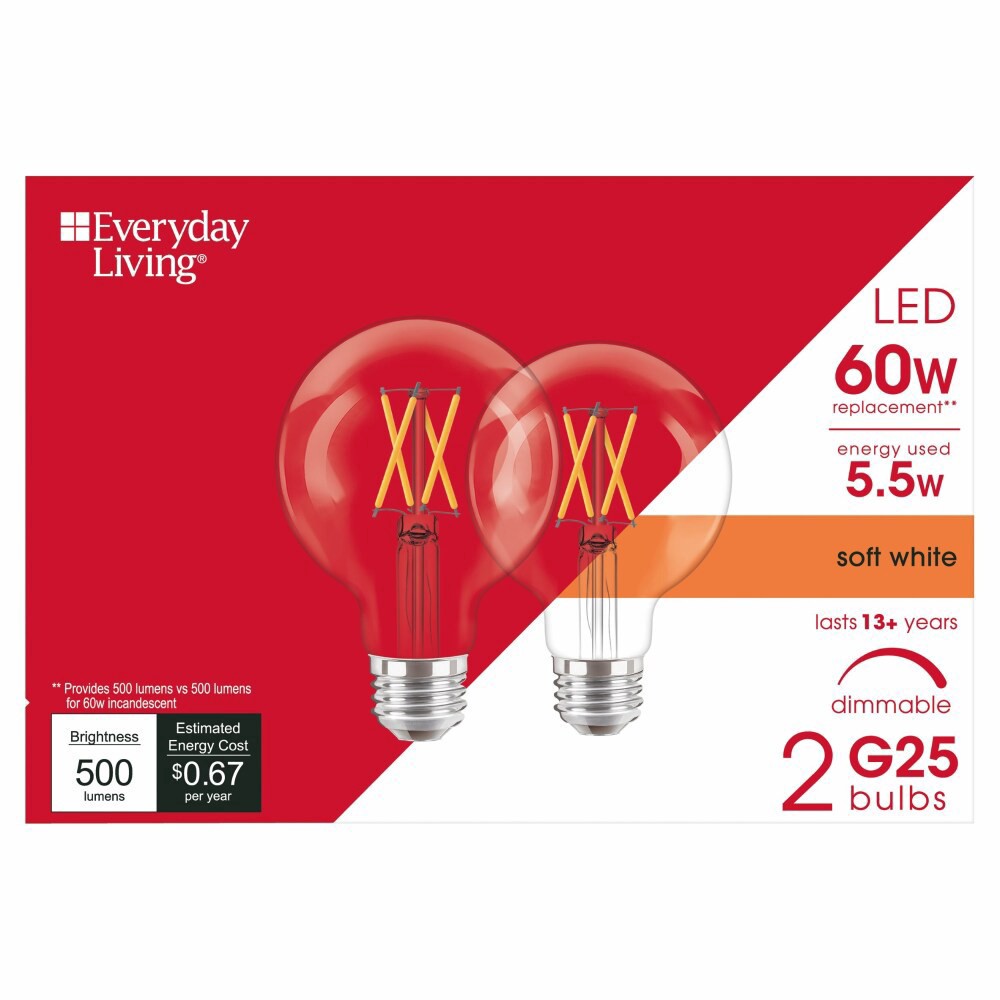 slide 2 of 4, Everyday Living 5.5Watt, 60Watt Replacement G25 Led Light Bulbs, 2 ct