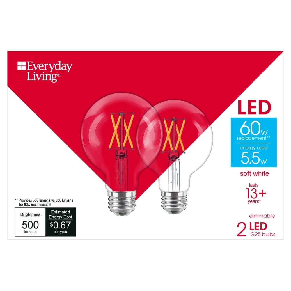 slide 1 of 1, Everyday Living 5.5Watt, 60Watt Replacement G25 Led Light Bulbs, 2 ct