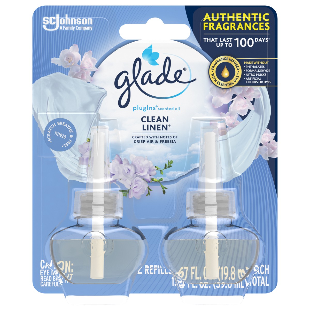 slide 1 of 7, Glade PlugIns Scented Oil 2 Refills, Air Freshener, Clean Linen, Essential Oil Infused Wall Plug In, 1.34 FL OZ, Pack of 2, 2 ct