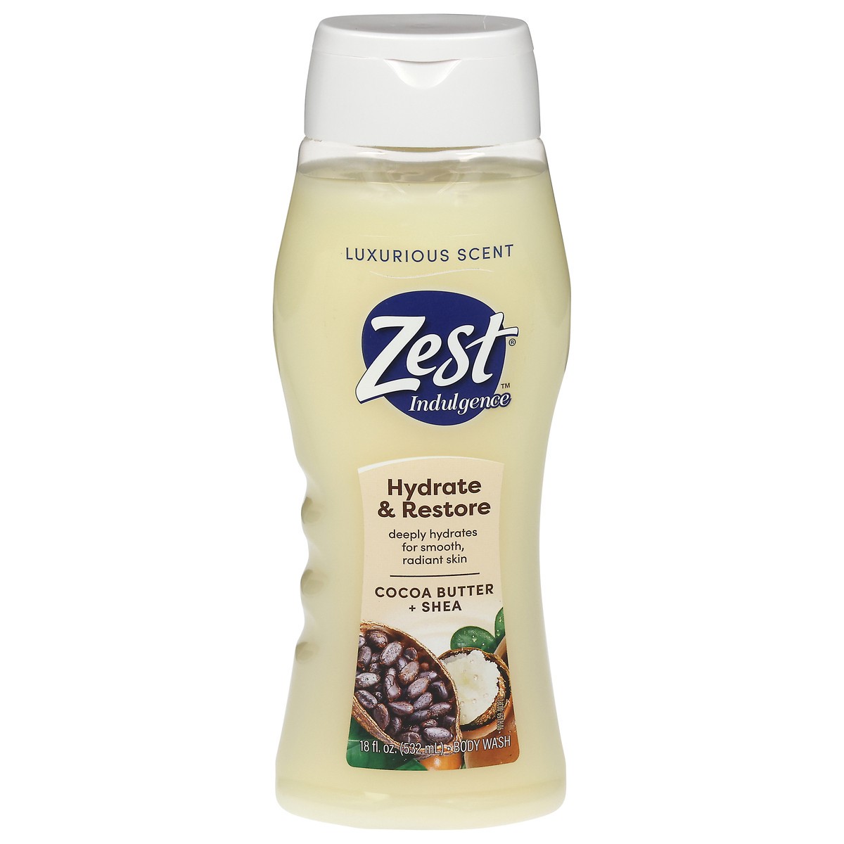 slide 1 of 9, Zest Hydrate & Restore Cocoa Butter + Shea Body Wash 18 fl oz, 16.5 fl oz