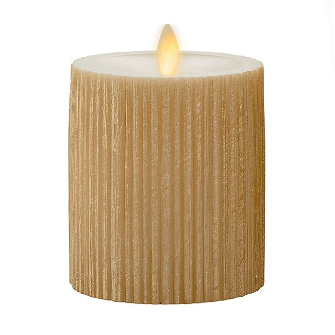 slide 1 of 3, Luminara Moving Flame Gold Ribbed Real-Flame Effect Pillar Candle, 4.5 in