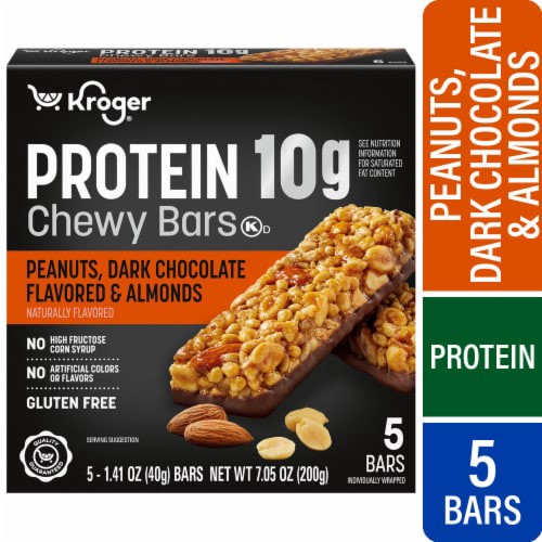 slide 1 of 1, Kroger® Protein Peanuts Dark Chocolate Flavored and Almonds Chewy Bars, 5 ct / 1.41 oz, 5 ct