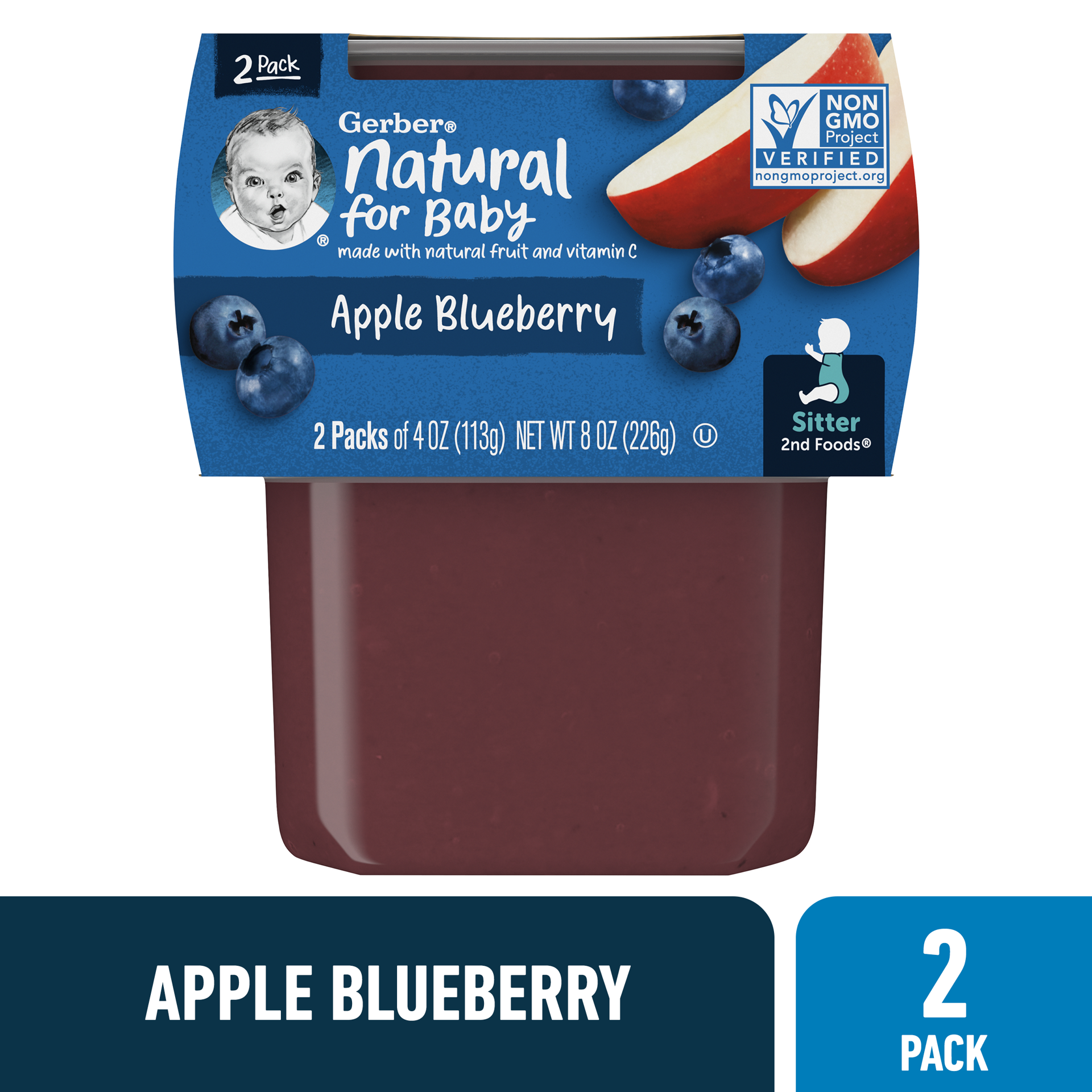 slide 1 of 9, Gerber Stage 2 Baby Food, Apple Blueberry Puree, 4 oz Tubs (2 Pack), 8 oz