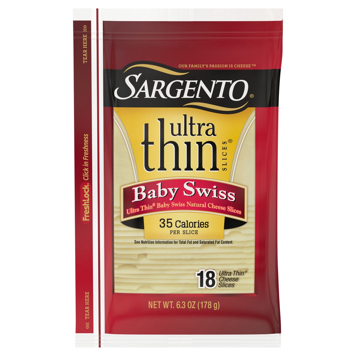 slide 1 of 1, Sargento Baby Swiss Natural Cheese Ultra Thin Slices, 6.3 oz., 18 slices, 6.3 oz