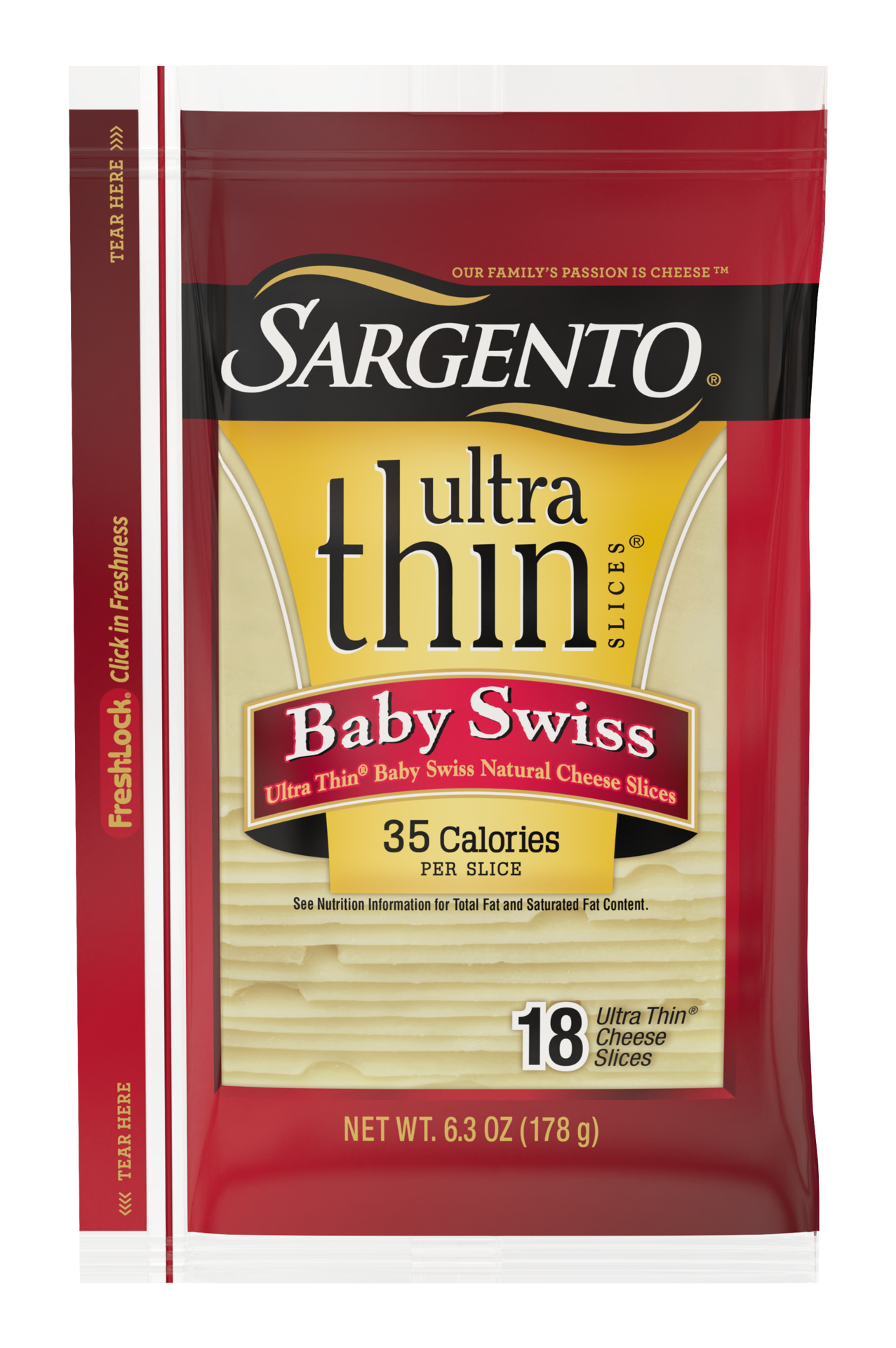 slide 1 of 1, Sargento Baby Swiss Natural Cheese Ultra Thin Slices, 6.3 oz., 18 slices, 6.3 oz