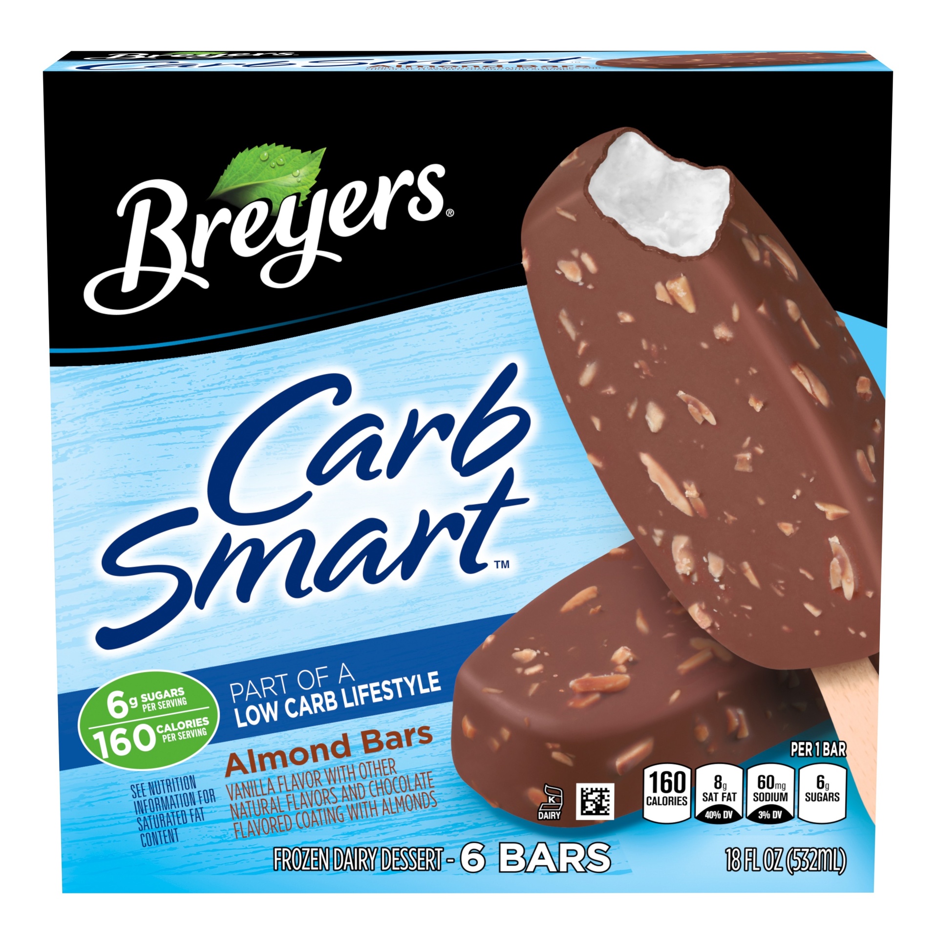 slide 1 of 3, Breyer's Carb Smart Almond Bars Ice Cream 18floz, 6 ct