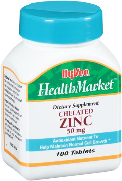 slide 1 of 1, Hy-Vee HealthMarket Chelated Zinc Dietary Supplement 50 mg Tablets, 100 ct