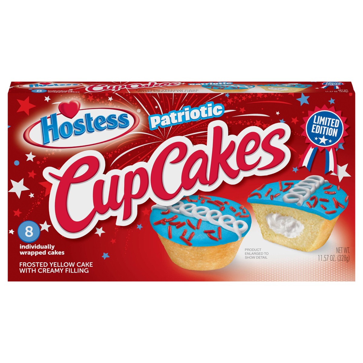 slide 1 of 9, HOSTESS Patriotic CupCakes, Limited Edition, Red White and Blue, 8 count, 11.57 oz, 11.57 oz