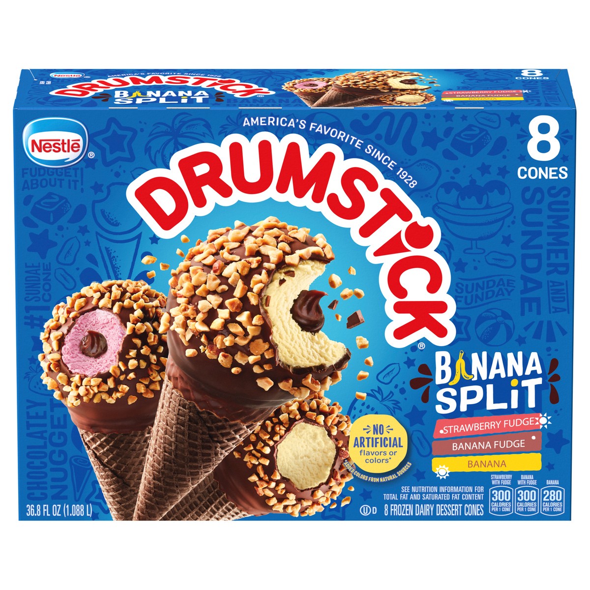 slide 1 of 1, Drumstick Banana Split Banana, Strawberry Fudge, Banana Fudge Cones Variety Pack, 8 Count, 8 ct