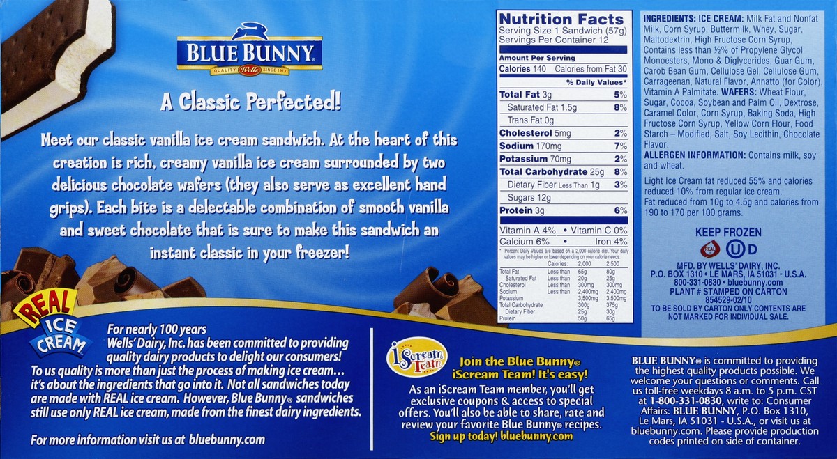 slide 6 of 6, Blue Bunny Ice Cream Sandwiches, Vanilla, 12 ct