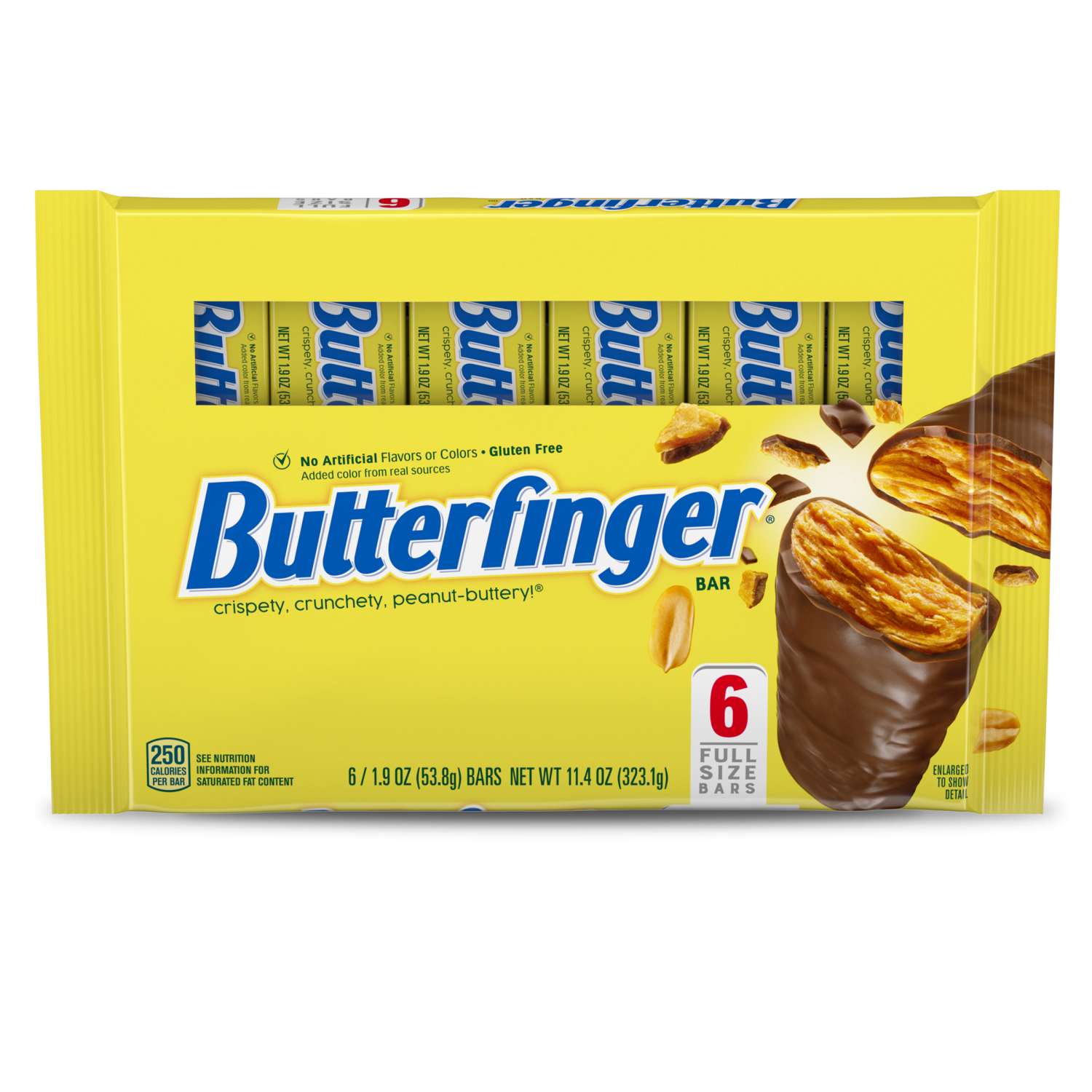 slide 1 of 6, Butterfinger, 6 Count, Chocolatey, Peanut-Buttery, Full Size Individually Wrapped Candy Bars, 1.9 oz Each, 11.4 oz