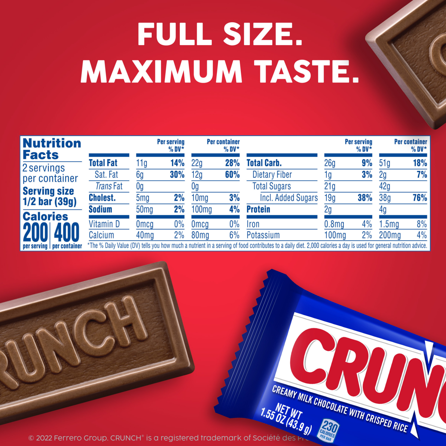 slide 4 of 5, CRUNCH Milk Chocolate and Crisped Rice Full Size Candy Bar, 1.55 oz