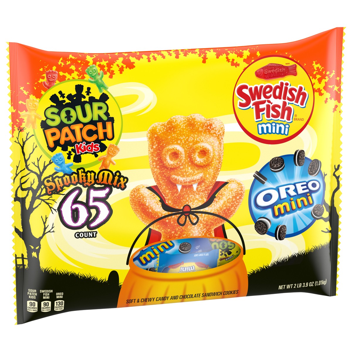 slide 2 of 9, Sour Patch/Swedish Fish Red SOUR PATCH KIDS, OREO Mini Chocolate Sandwich Cookies & SWEDISH FISH Mini Halloween Candy Variety Pack, 65 Trick or Treat Bags, 35.9 oz
